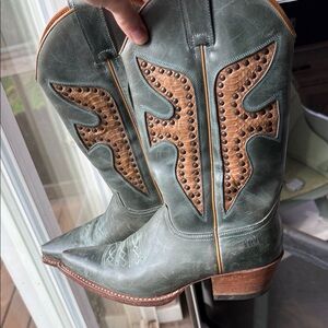 Frye Green and Tan Studded Western Heeled Boots